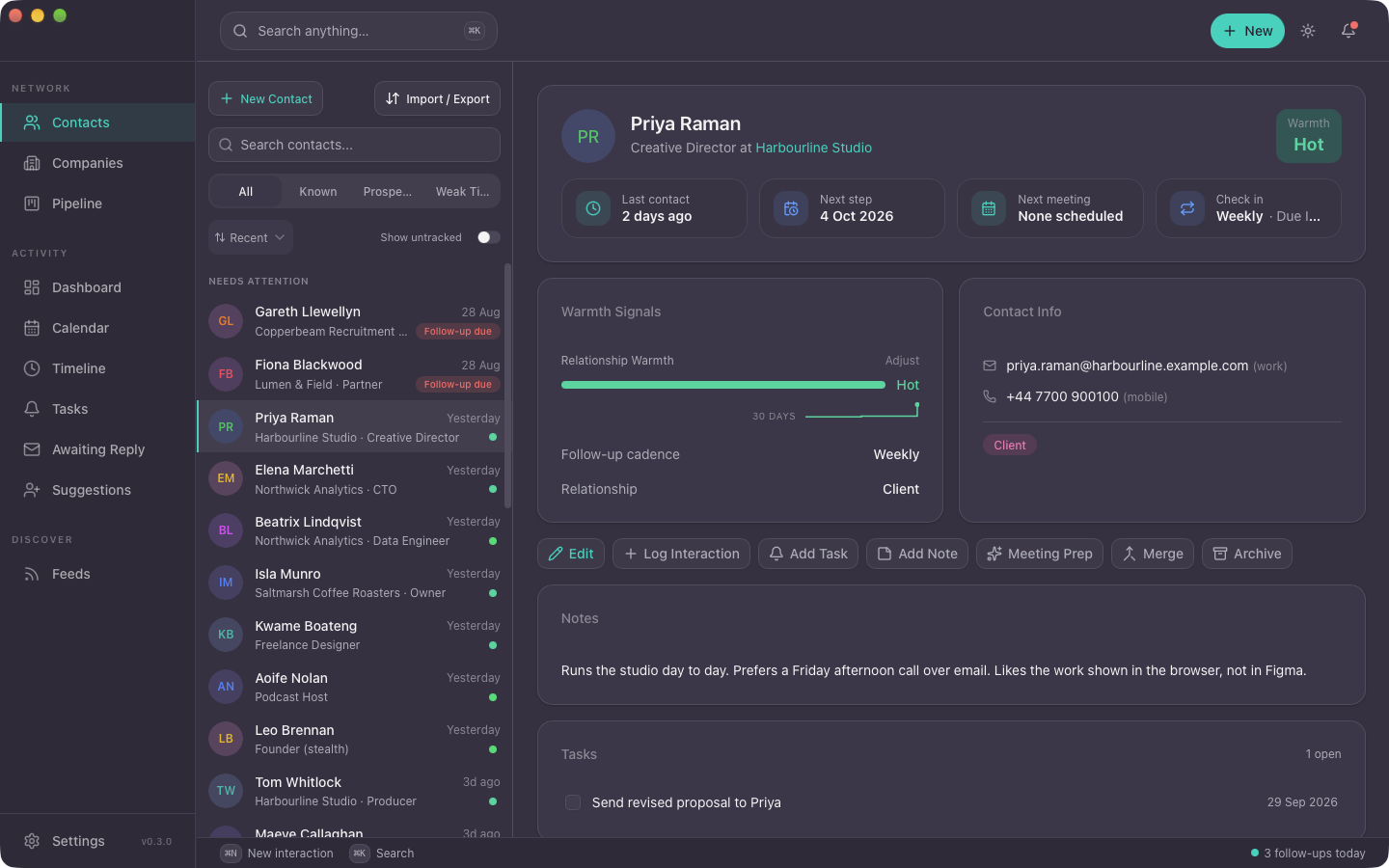 A contact page: last contact, next step, warmth, follow-up cadence, notes and open tasks