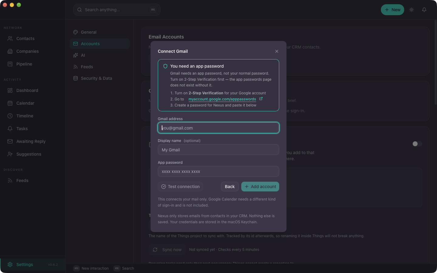 Connect Gmail: the app password steps, then the address and app password fields and a Test connection button