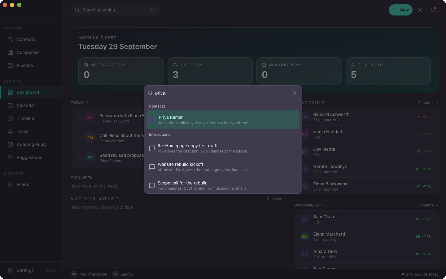 Cmd+K search open over the dashboard, matching a contact and three interactions for one name