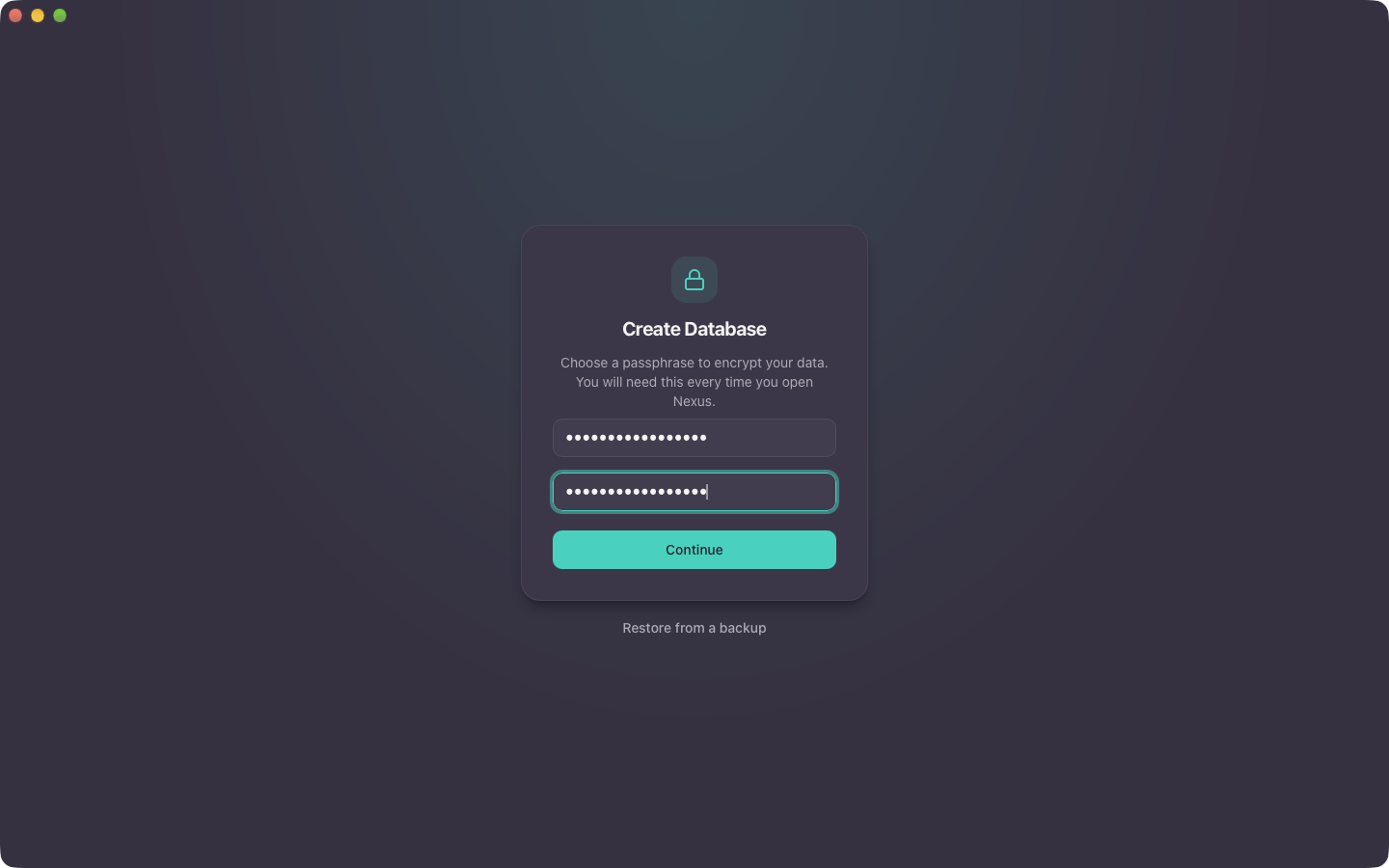 The first screen: Create Database, with a passphrase typed twice