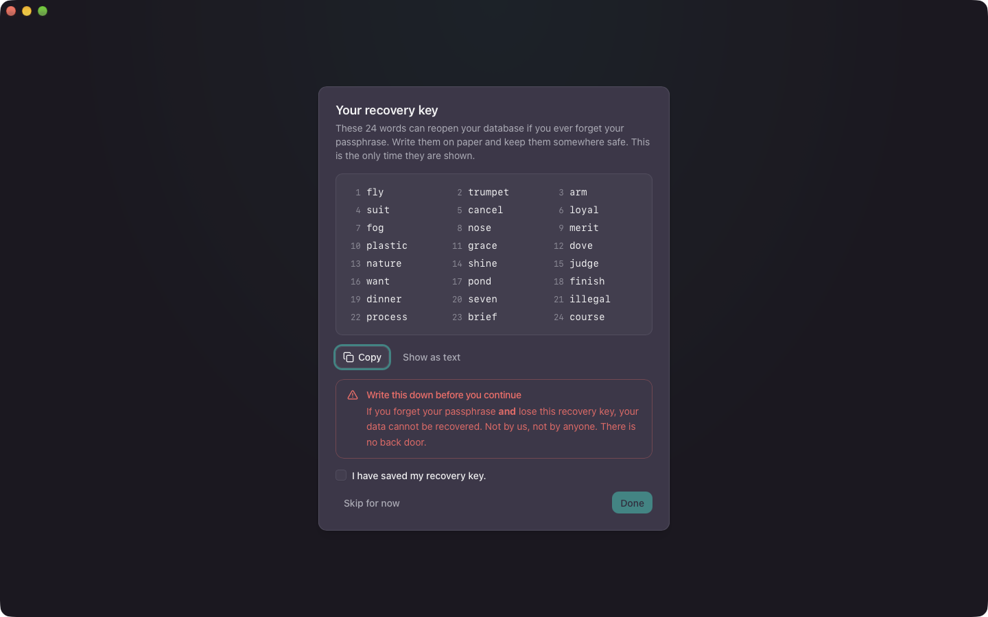 Your recovery key: 24 words, shown once, with a warning to write them down